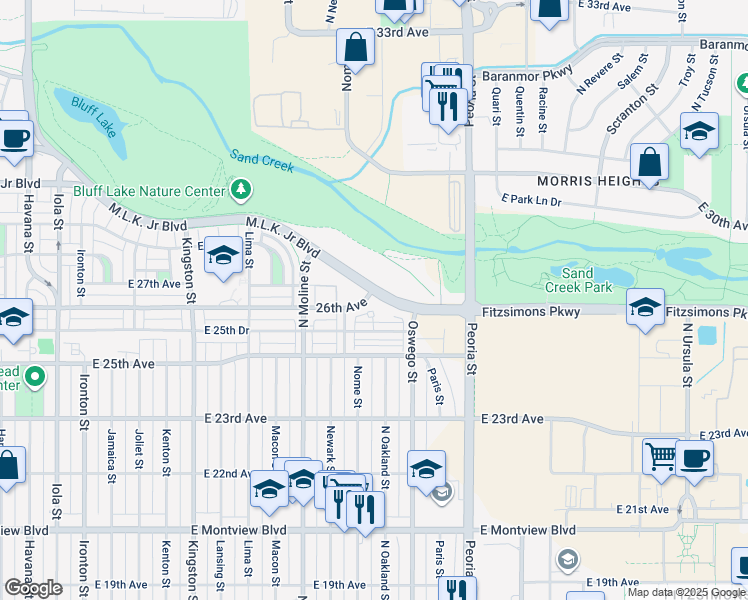map of restaurants, bars, coffee shops, grocery stores, and more near 11700 East 26th Avenue in Denver