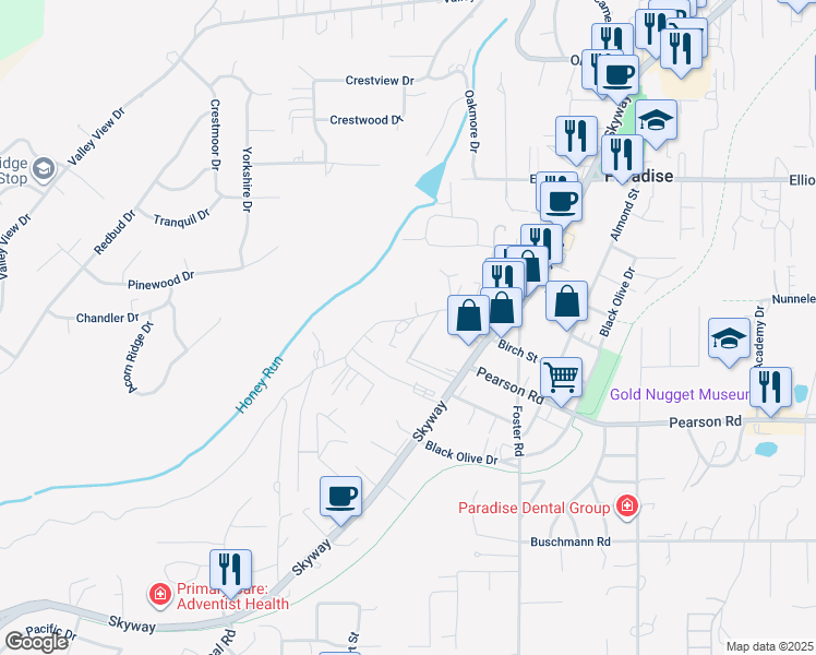 map of restaurants, bars, coffee shops, grocery stores, and more near 3800 Honey Run Road in Paradise
