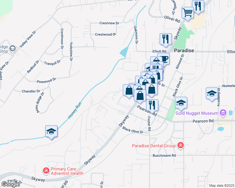 map of restaurants, bars, coffee shops, grocery stores, and more near 3800 Honey Run Road in Paradise