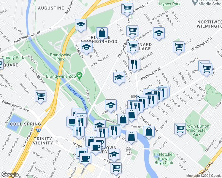 map of restaurants, bars, coffee shops, grocery stores, and more near 313 West 19th Street in Wilmington