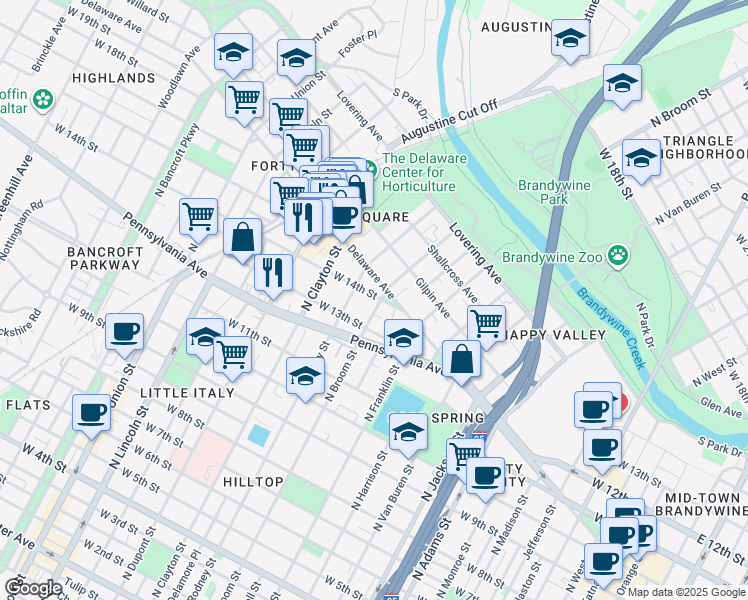 map of restaurants, bars, coffee shops, grocery stores, and more near 1305 North Broom Street in Wilmington