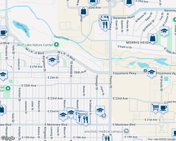 map of restaurants, bars, coffee shops, grocery stores, and more near 11700 East 26th Avenue in Denver