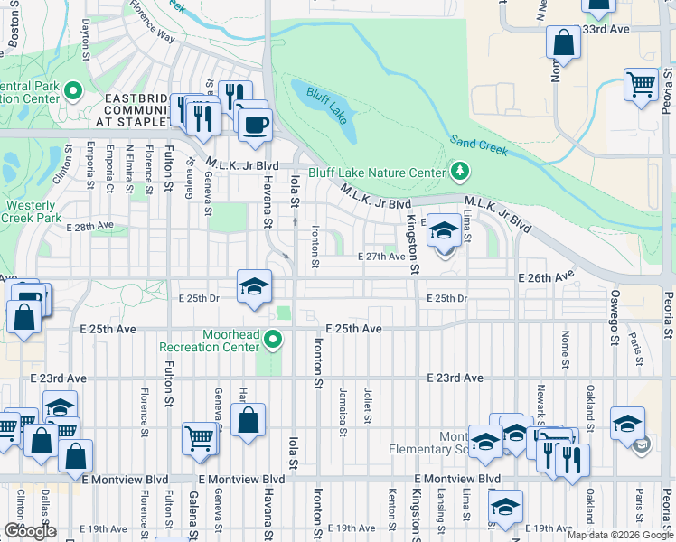 map of restaurants, bars, coffee shops, grocery stores, and more near 10880 East 26th Avenue in Aurora