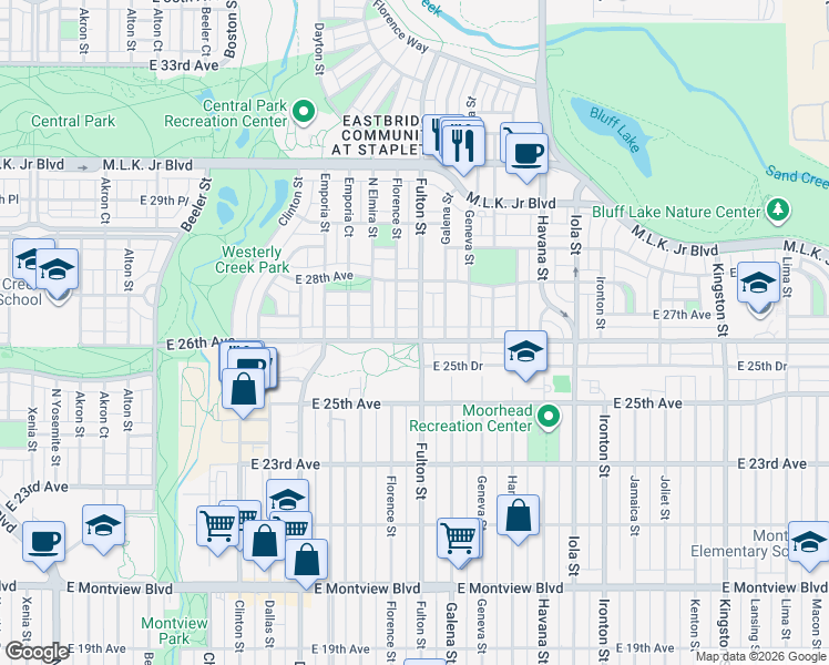map of restaurants, bars, coffee shops, grocery stores, and more near 2526-2602 Fulton Street in Aurora
