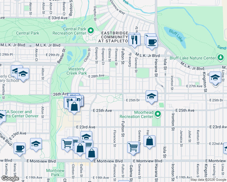 map of restaurants, bars, coffee shops, grocery stores, and more near 10050 East 26th Avenue in Aurora