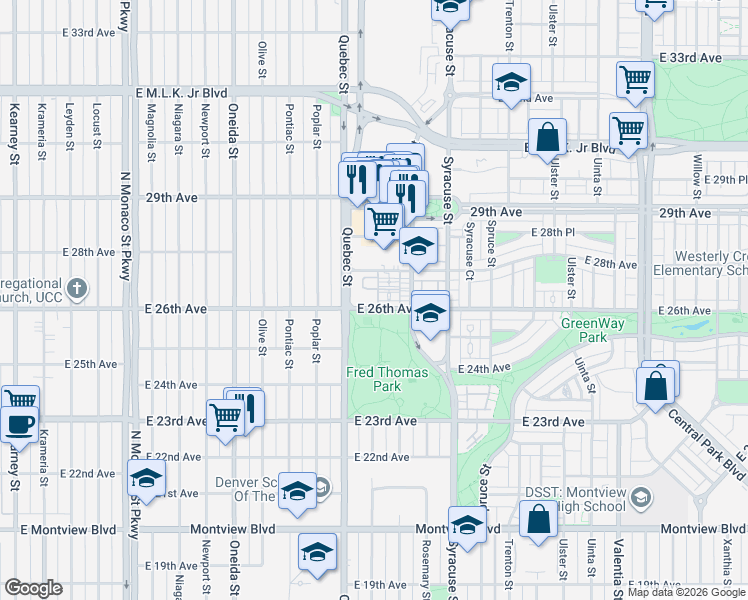 map of restaurants, bars, coffee shops, grocery stores, and more near 2400 Quebec Street in Denver