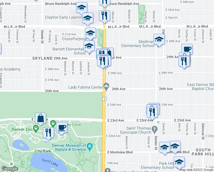 map of restaurants, bars, coffee shops, grocery stores, and more near 2591 Albion Street in Denver