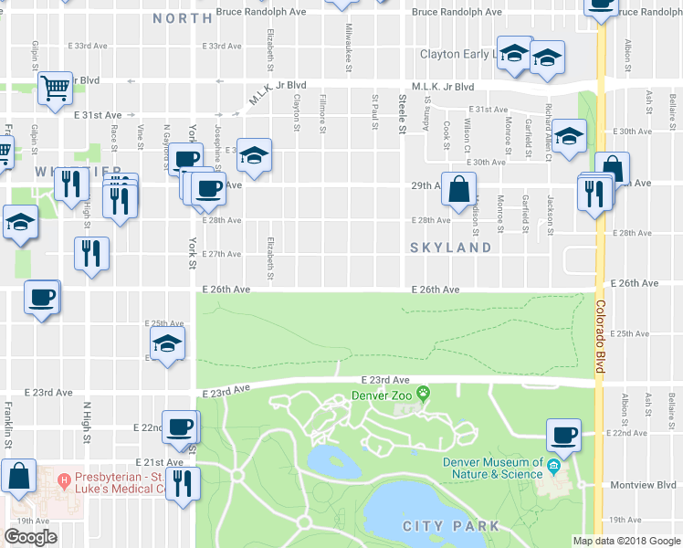 map of restaurants, bars, coffee shops, grocery stores, and more near in Denver