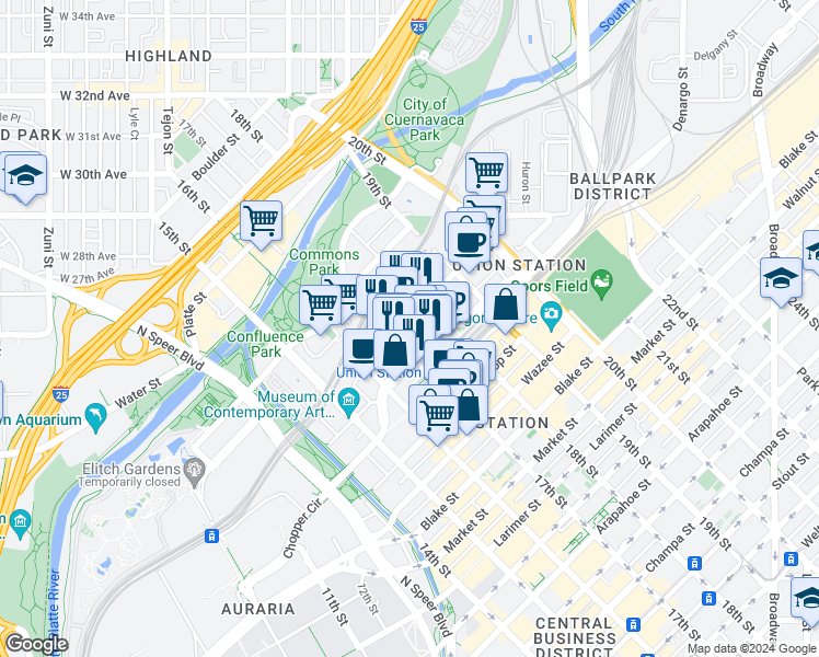 map of restaurants, bars, coffee shops, grocery stores, and more near 1701 Wewatta Street in Denver