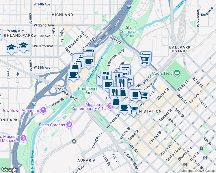 map of restaurants, bars, coffee shops, grocery stores, and more near 2100 16th Street Mall in Denver
