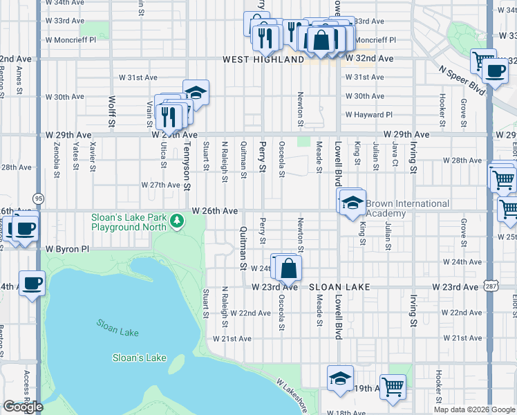 map of restaurants, bars, coffee shops, grocery stores, and more near 2570 Perry Street in Denver