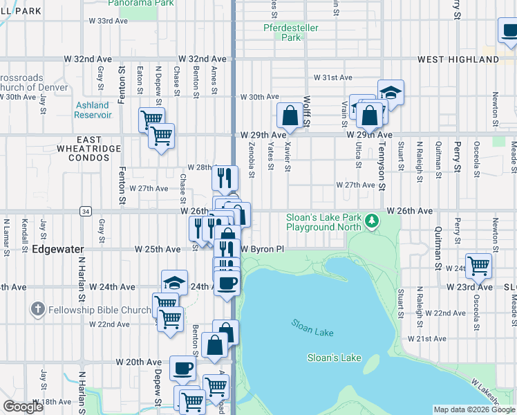 map of restaurants, bars, coffee shops, grocery stores, and more near 2536 Yates Street in Denver