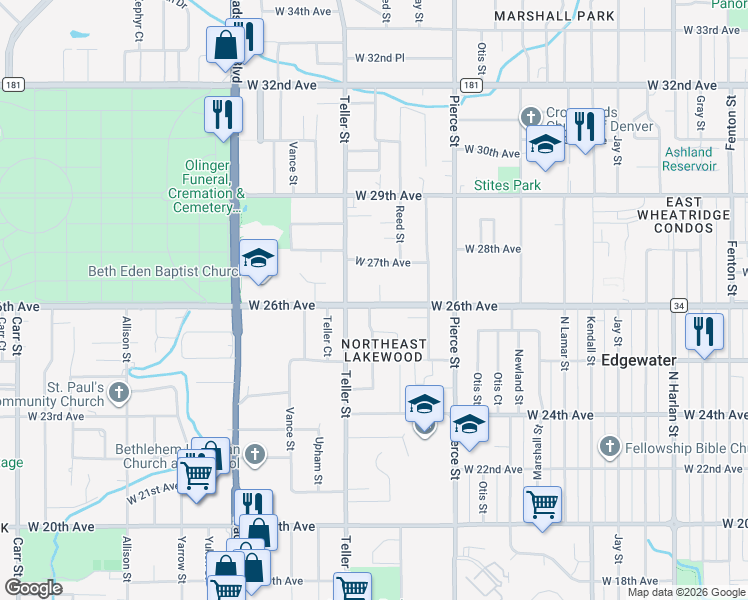 map of restaurants, bars, coffee shops, grocery stores, and more near 7080 West 26th Avenue in Lakewood