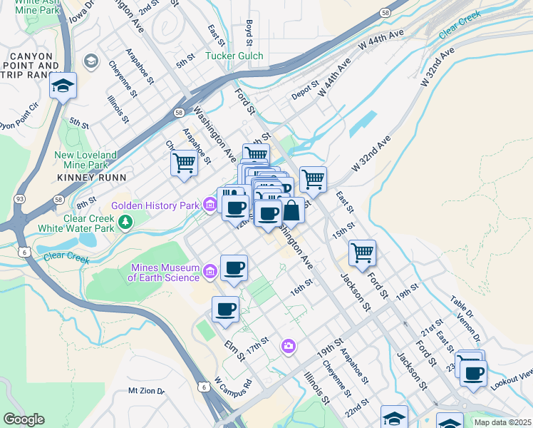 map of restaurants, bars, coffee shops, grocery stores, and more near 1211 Arapahoe Street in Golden