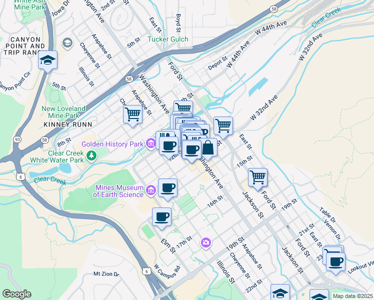 map of restaurants, bars, coffee shops, grocery stores, and more near 1211 Arapahoe Street in Golden