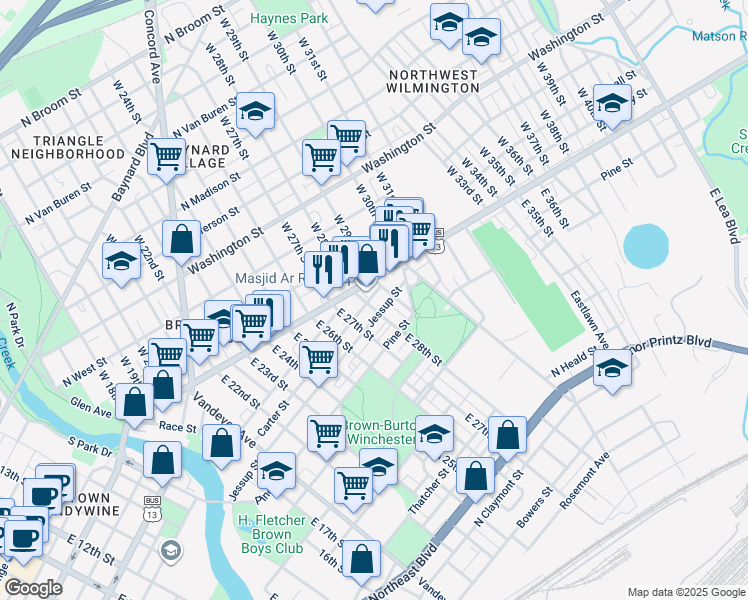 map of restaurants, bars, coffee shops, grocery stores, and more near 201 East 28th Street in Wilmington