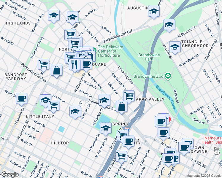 map of restaurants, bars, coffee shops, grocery stores, and more near 501 West 14th Street in Wilmington