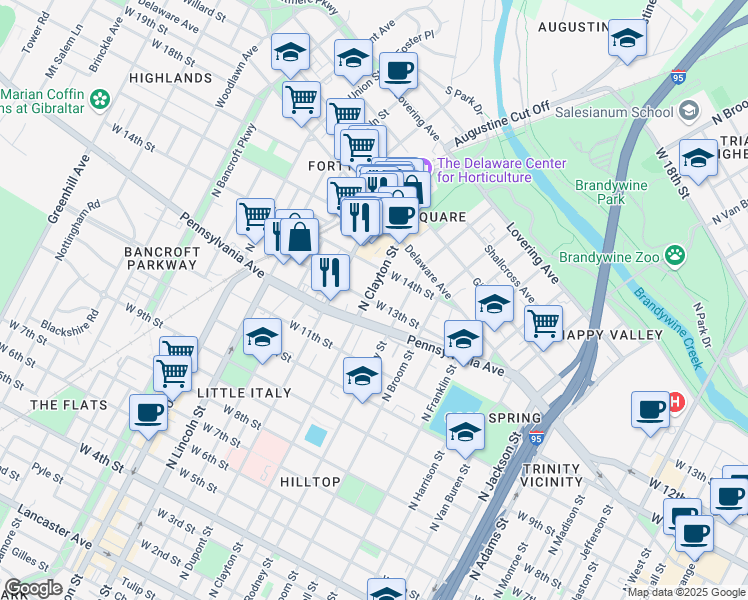 map of restaurants, bars, coffee shops, grocery stores, and more near 1506 West 13th Street in Wilmington