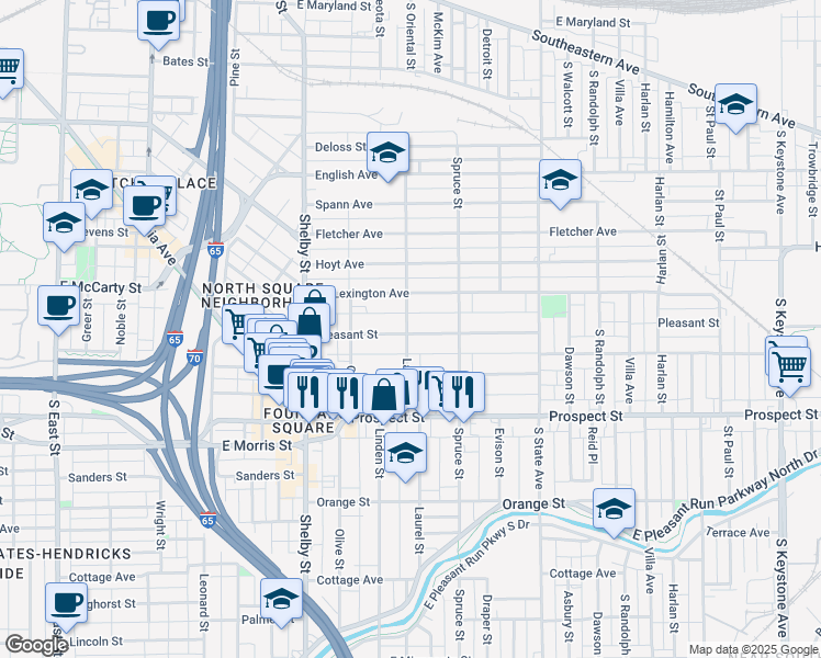 map of restaurants, bars, coffee shops, grocery stores, and more near 1317 Pleasant Street in Indianapolis