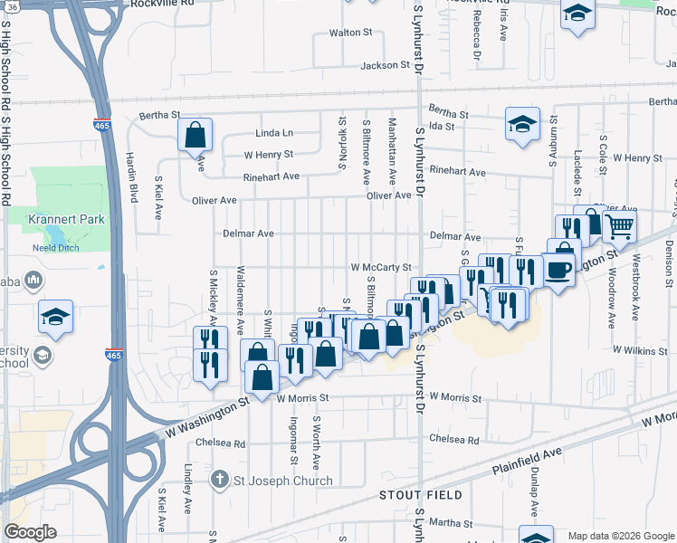 map of restaurants, bars, coffee shops, grocery stores, and more near 835 South Worth Avenue in Indianapolis