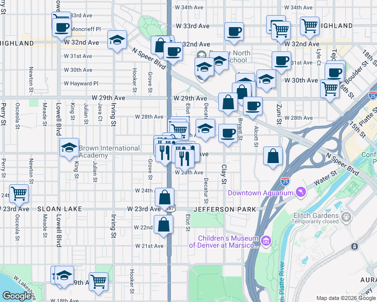 map of restaurants, bars, coffee shops, grocery stores, and more near Eliot Street in Denver