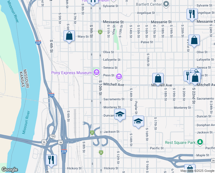 map of restaurants, bars, coffee shops, grocery stores, and more near 1300 South 11th Street in Saint Joseph