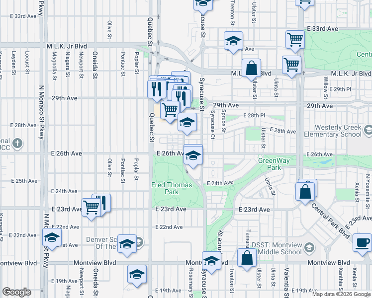 map of restaurants, bars, coffee shops, grocery stores, and more near 2614 Roslyn Street in Denver