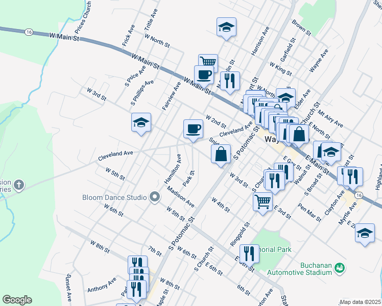 map of restaurants, bars, coffee shops, grocery stores, and more near 212 Park Street in Waynesboro
