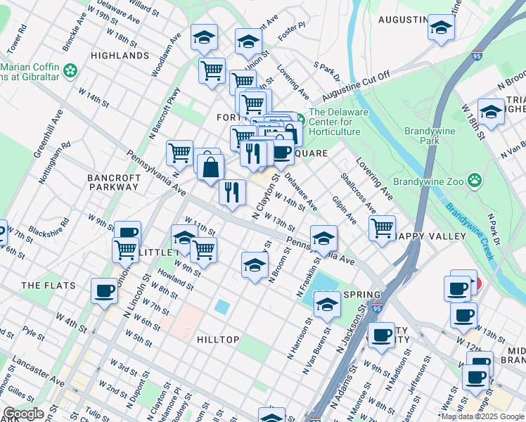 map of restaurants, bars, coffee shops, grocery stores, and more near 1506 West 13th Street in Wilmington