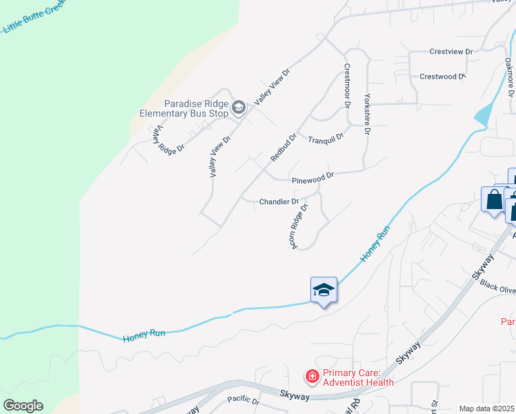 map of restaurants, bars, coffee shops, grocery stores, and more near 230 Chandler Drive in Paradise