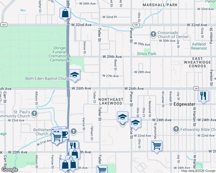 map of restaurants, bars, coffee shops, grocery stores, and more near 7080 West 26th Avenue in Lakewood