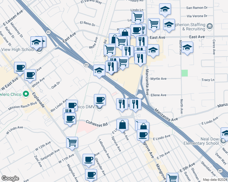 map of restaurants, bars, coffee shops, grocery stores, and more near 578 Rio Lindo Avenue in Chico