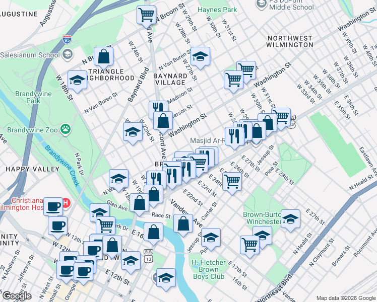 map of restaurants, bars, coffee shops, grocery stores, and more near 2325 Tatnall Street in Wilmington