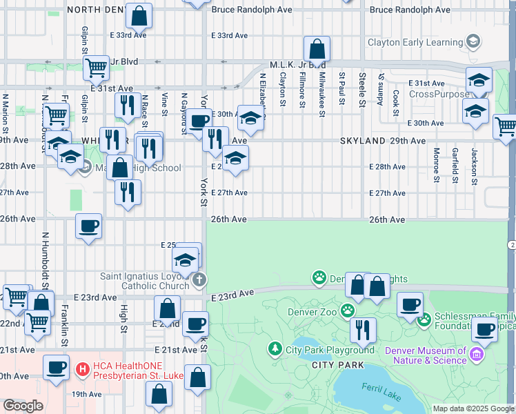map of restaurants, bars, coffee shops, grocery stores, and more near 2627 Elizabeth Street in Denver