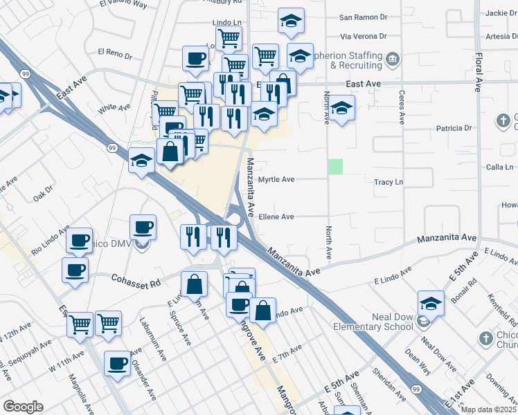 map of restaurants, bars, coffee shops, grocery stores, and more near 580 Manzanita Avenue in Chico