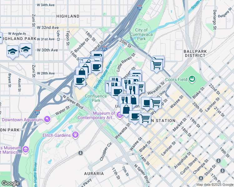 map of restaurants, bars, coffee shops, grocery stores, and more near 1610 Little Raven Street in Denver