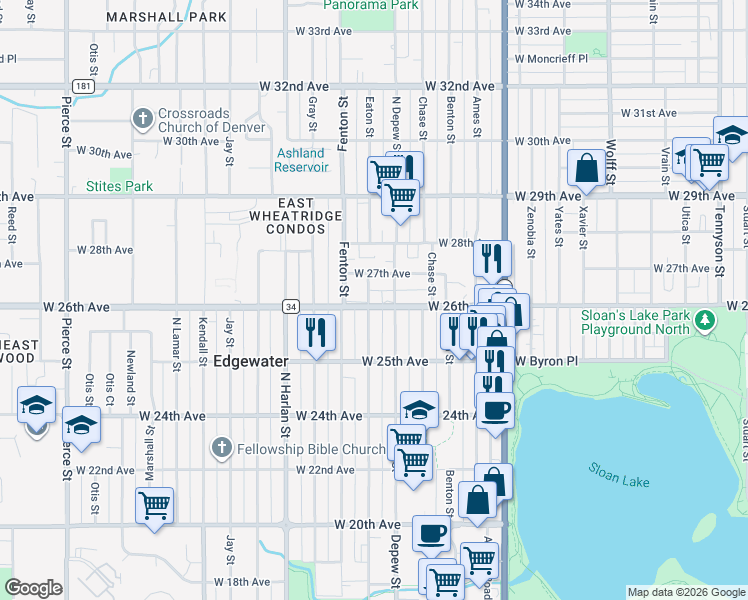 map of restaurants, bars, coffee shops, grocery stores, and more near 5630 West 26th Avenue in Edgewater