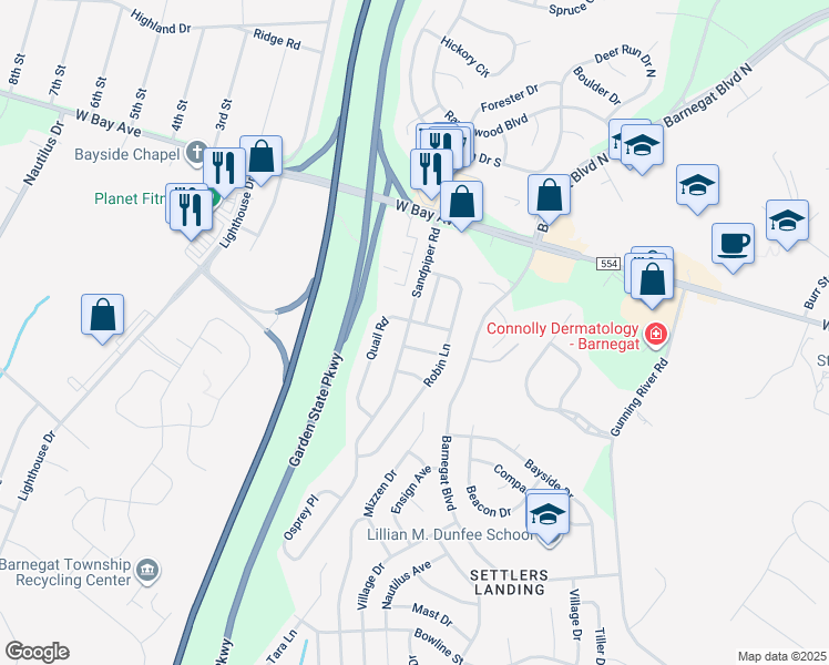 map of restaurants, bars, coffee shops, grocery stores, and more near 43 Osprey Place in Barnegat Township