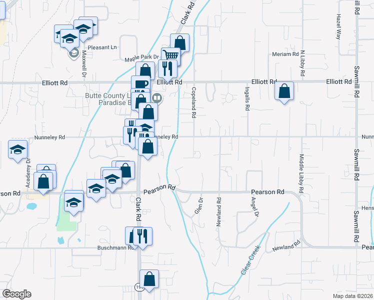 map of restaurants, bars, coffee shops, grocery stores, and more near 5733 Copeland Road in Paradise