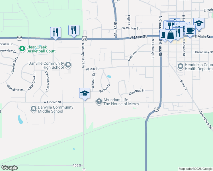 map of restaurants, bars, coffee shops, grocery stores, and more near 805 Sunset Drive in Danville