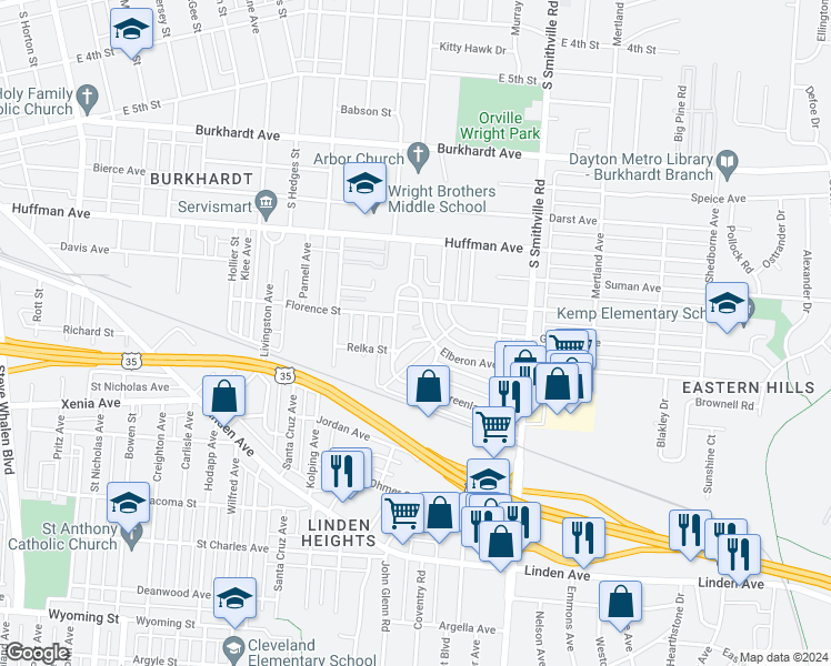 map of restaurants, bars, coffee shops, grocery stores, and more near 611 West Circle Drive in Dayton