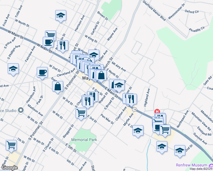 map of restaurants, bars, coffee shops, grocery stores, and more near 57 East Main Street in Waynesboro