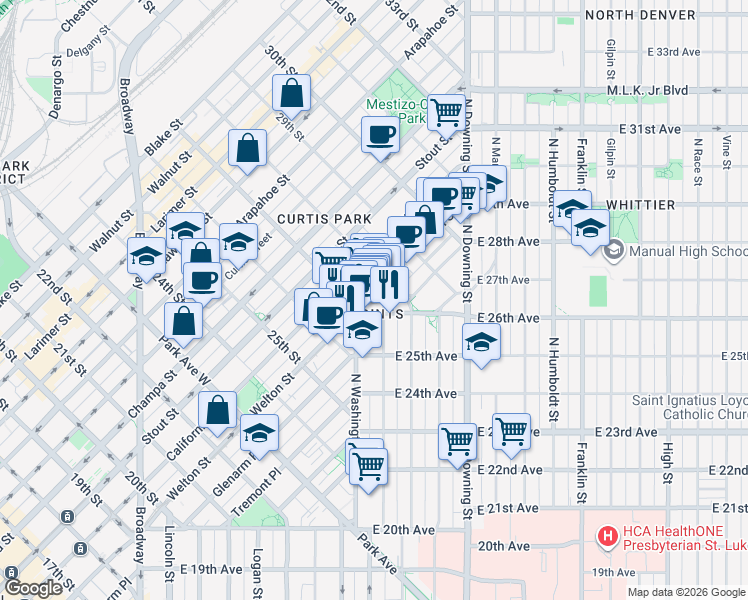 map of restaurants, bars, coffee shops, grocery stores, and more near 2736 Welton Street in Denver