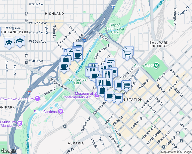 map of restaurants, bars, coffee shops, grocery stores, and more near 1610 Little Raven Street in Denver
