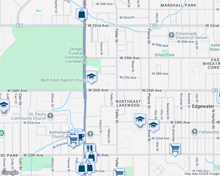 map of restaurants, bars, coffee shops, grocery stores, and more near 2600 Upham Street in Wheat Ridge