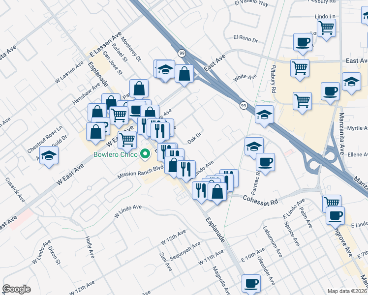 map of restaurants, bars, coffee shops, grocery stores, and more near 2347 Eugene Avenue in Chico