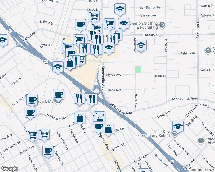 map of restaurants, bars, coffee shops, grocery stores, and more near 580 Manzanita Avenue in Chico
