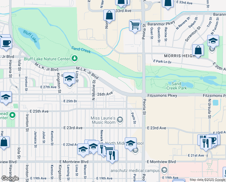 map of restaurants, bars, coffee shops, grocery stores, and more near 11659 East 25th Drive in Aurora