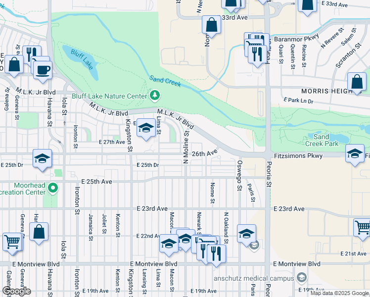 map of restaurants, bars, coffee shops, grocery stores, and more near 11480 East 26th Avenue in Aurora