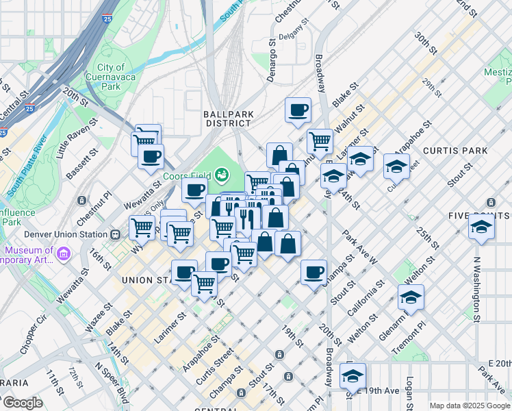map of restaurants, bars, coffee shops, grocery stores, and more near 2001 Market Street in Denver